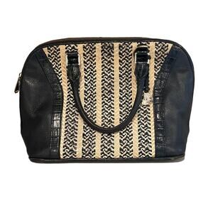 Brahmin Vivian Saint Tropez Black Leather Woven Straw Raffia Satchel Cream Med